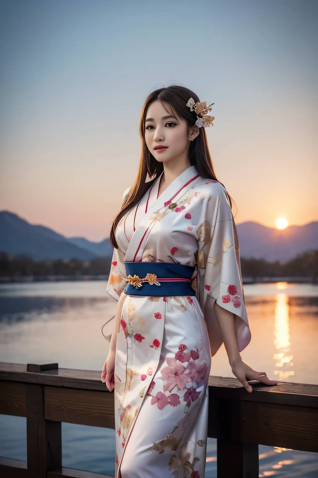 asuna, masterpiece, best quality, detailed, (1girl), solo, detailed golden eyes, long hair, standing, close to viewer, (detailed kimono), light smile, huge breasts,  (arms behind back, seen long legs), water, sunset, (hair ornament), (Sakura bloom),  snow mountain lake in the background