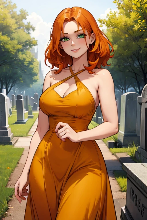 Perfect face. Perfect hands. An orange haired woman with green eyes and an hourglass figure in a cute yellow dress is smiling in a cemetery