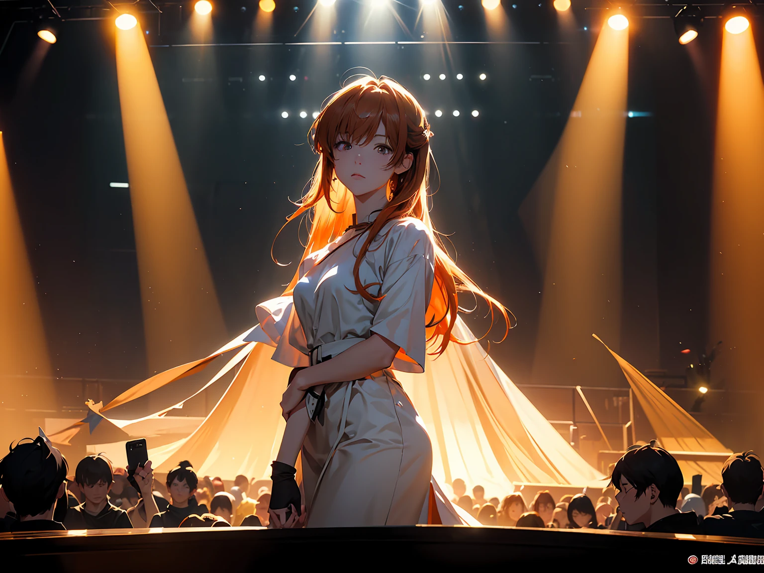 8k、masterpiece, Highest quality, Ultra-high resolution, Highest Resolution, Professional Lighting, Orange lighting、(((Anime-style depiction)))、Backlight、(((Dark Stage)))、(((Performing)))、(((Spotlight)))、Antique lighting、indoor、Dim lighting、Fantastic space、Nobody is here