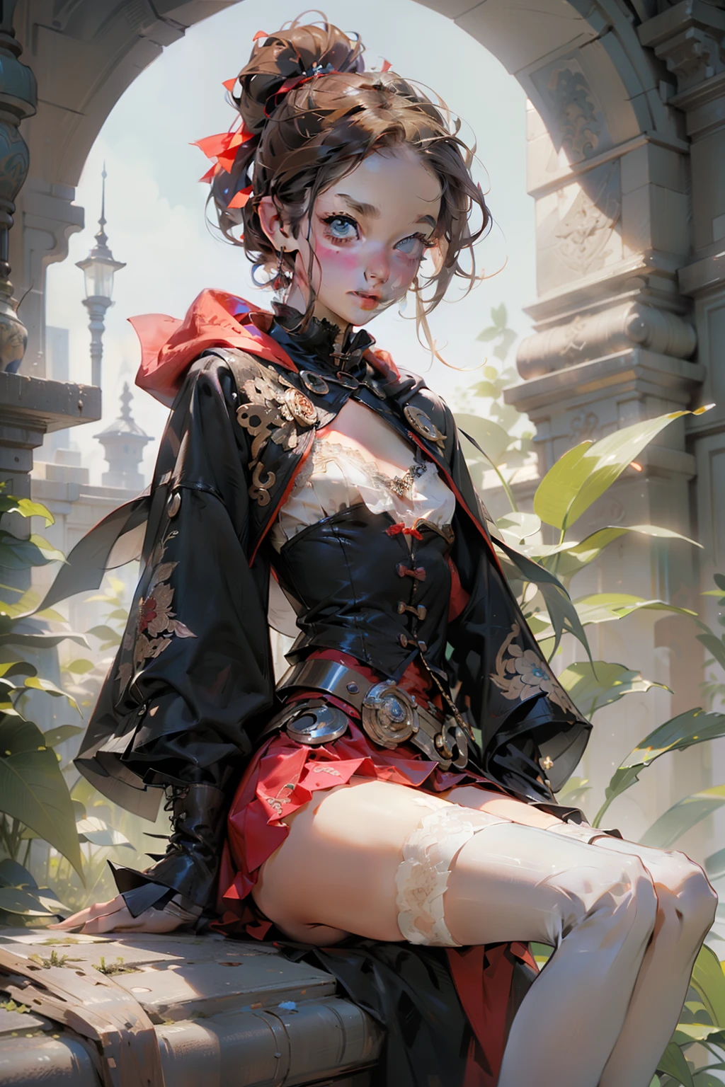 (((masterpiece, of the highest quality, super detailed))), (a female knight of an occult order), ((minimal but intricate beautiful armour)), ((dark hair)), ((ponytail, thick ponytail, heavy ponytail)), (((( Highly detailed face))), (((Very sharp focused eyes))), very long eyelashes, small breasts, (((flat chest:1.1))), (resolved expression), (resolute expression), occult aesthetic, Fluttering lace flared dress with frilly petticoats, (red and white clothing detailed and intricate steampunk and detailed gothic), (with a hood), (thigh high flared socks), complex lace boots