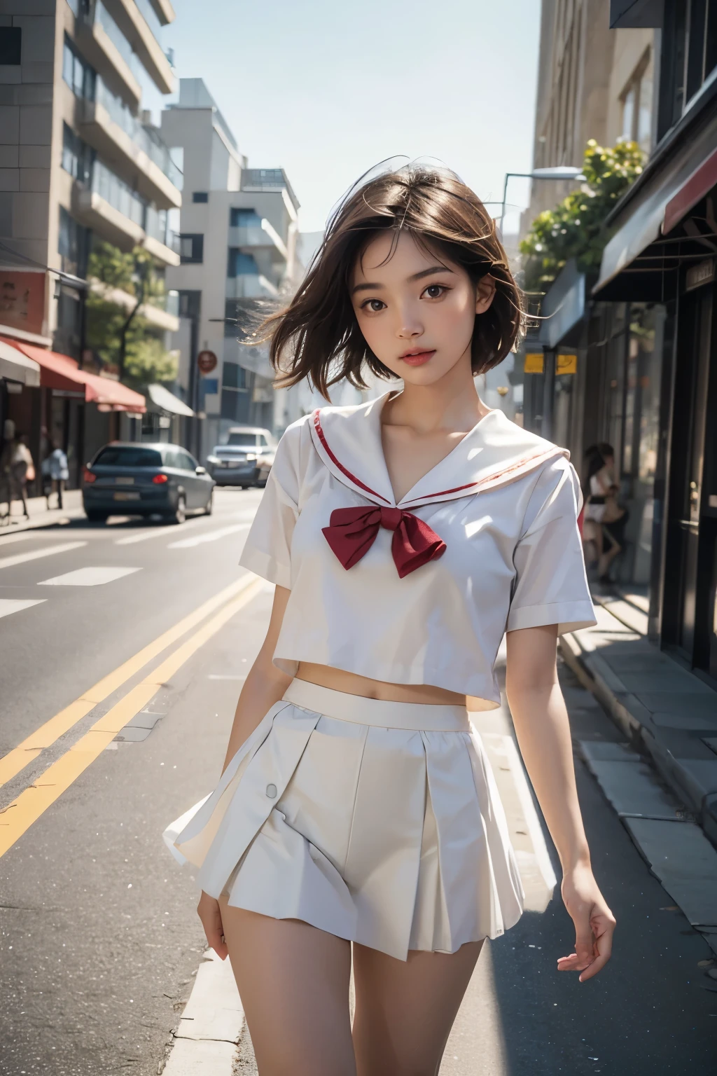 Ultra-high resolution,(reality: 1.4),Highest quality, masterpiece, Attention to detail, 16K quality, beautiful, 1 beautiful girl,super beautiful face,,idol face,Cute Face,Highly detailed face,Detailed hands,beautiful skin,Rui々Fresh skin,Professional Lighting,short hair, Black Hair,brown beautiful eyes,(Sailor suit),Red bow tie,(Yellow super mini skirt),Are standing,A gust of wind flipped my skirt up and I had to hold it down with my hands,(((Showing panties))),((White panties)),beautiful胸,Walking in the city,Browsing Caution,From below,Blur the background