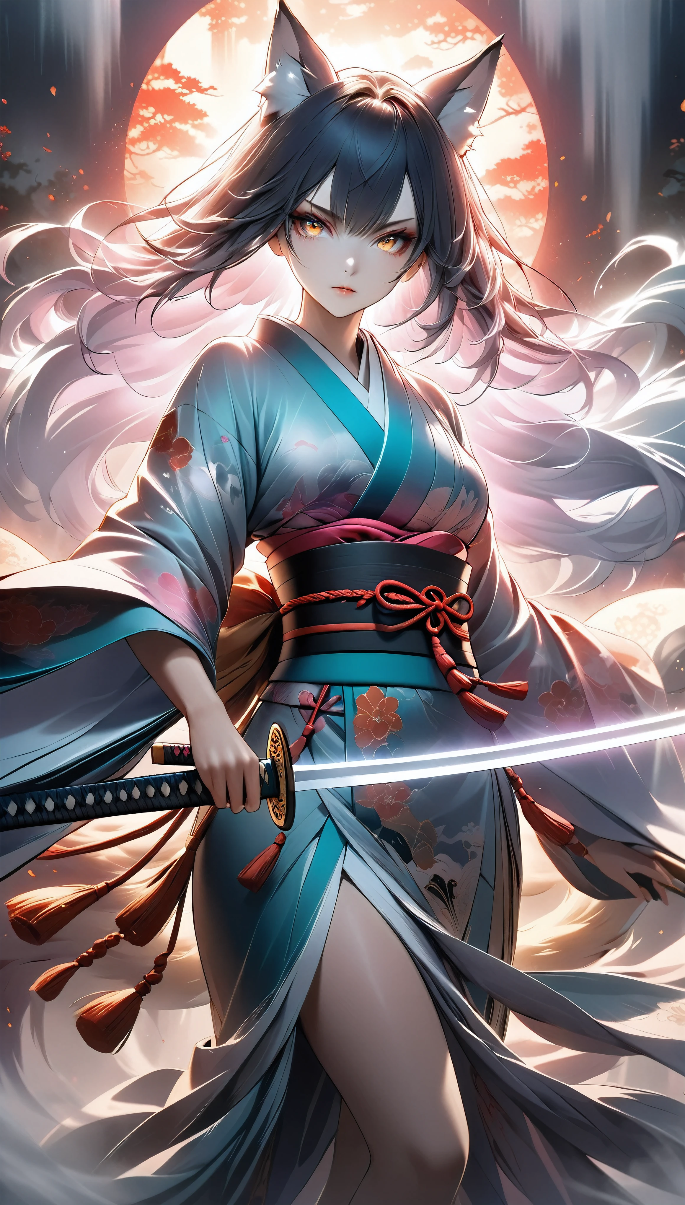 A mysterious female kitsune (fox spirit) wielding a long enchanted katana, shrouded in an obscuring mist that parts with each powerful strike, revealing a vivid and otherworldly scene, the clarity of the sword strikes contrasting against the hazy, mystical background, the kitsune's piercing gaze locking eyes with the viewer, layers of ethereal fog enveloping the foreground, her translucent yet intense eyes, intricate and detailed kimono, dramatic lighting and colors