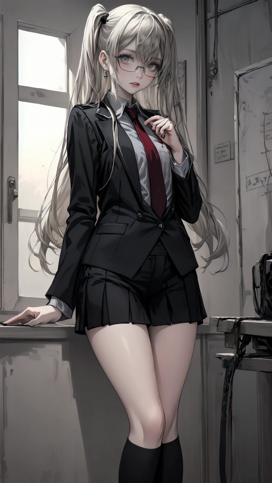 (Highest quality,4K,High resolution,masterpiece:1.2),Very detailed,Realistic:1.37,とてもbeautiful girl,Very cute blazer uniform,Wearing white stockings,Blonde,Blonde Hair,Long twin tails,Watching the audience,high school、Dilapidated school building、I&#39;m in the classroom、Inside a dilapidated classroom、Very dirty classroom、,Red color scheme,Ominous atmosphere,Eye-catching,Storytelling,anatomy,Anime Style,Concept Art,beautiful細部までこだわった顔と (((Red eyes ))),A terrifying ritual ,Satanic Ritual,Premature death,inappropriate behavior,クレイジーなsmile,Scythe Face,beautiful girl、Girl Monster, beautiful, Delicate facial features,  Sharp Fangs, Pale skin, Gloomy atmosphere, one person&#39;s, Please open your mouth wide, Open your mouth and baring your teeth,Sharp teeth like a beast, Wide lips, very wide mouth, Vermilion cheeks, ,(Blood splatter:1.2),Scary smile, smile,High School Design, Twisted smile、頭からのBleeding,、Blood splatter、,(Bleeding:1.2), ((流れるようなBlonde)), Female curves, Perfect hands, Perfect anime face, (A long-sleeved, very cute sailor uniform)), Are standing, ((邪悪なsmile)), ,(Blood splatter:1.4), Steam circulates, ,Anime school design, Twisted smile、Bloody、 A dilapidated high school、Abandoned house、,Absurd, High resolution、Spooky Girl、(クレイジーなsmile:1.8)、(Blood dripping from hands:1.3)、 anime-style characters as the main characters、
