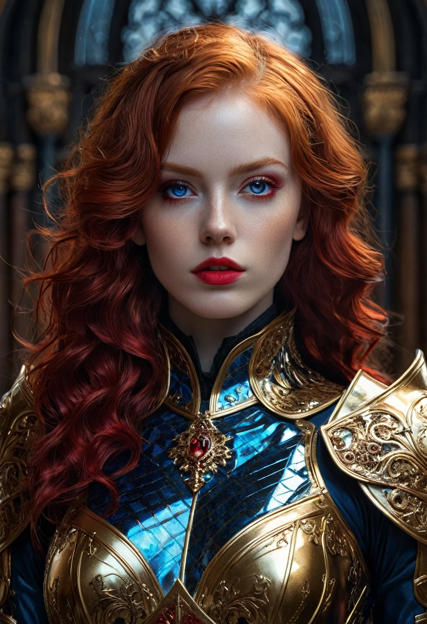 full body woman, Photoshoot., whole body, full body shot, standing,(8k, unedited photo, Best Quality, masterpiece: 1.2), (realist, fotorrealist: 1.4), (Extremely detailed CG unity 8k wallpaper), A full body woman (Rogue:1.1) dressed in gold (Golden armor: 1.3 ), metal armor, liquid metal, obsidian (incredibly detailed: 1,5), golden and (white: 1,5), Conceptual Art portrait by Greg Rutkowski, artegerm, Trendy hyper-detailed and intricately detailed gothic art on Artstation, Fantastic and intricate detail (small blue reflections: 1), (redhead, (ruby-red eyes that gleam), wavy coat, high collection: 1.4)