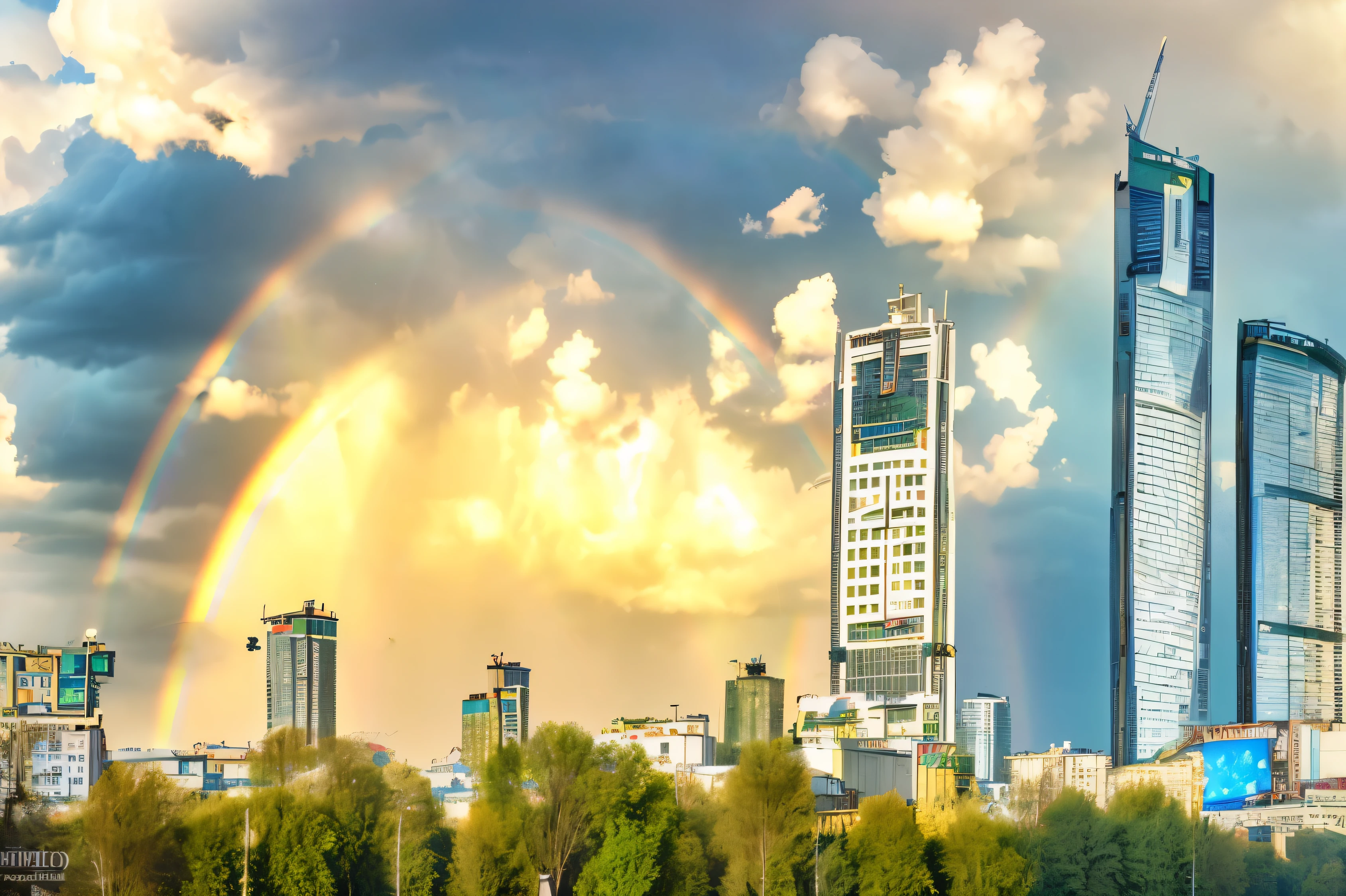 There is a rainbow in the sky over a city with tall buildings, still of rainbow ophanim, neo kyiv, Double rainbow in the sky, Stunning images, Double rainbow, Andrei Godeyev, author:Hristofo Zhefarovich, just one rainbow 8 k, Moscow, Zahari Zograf, Emotional Growth,RAW,uhd,8k,Detailed Details,Best quality,Perfect color matching,Cinematic atmosphere,Masterpieces shot by international photography masters,National Geographic Photography Award Winners