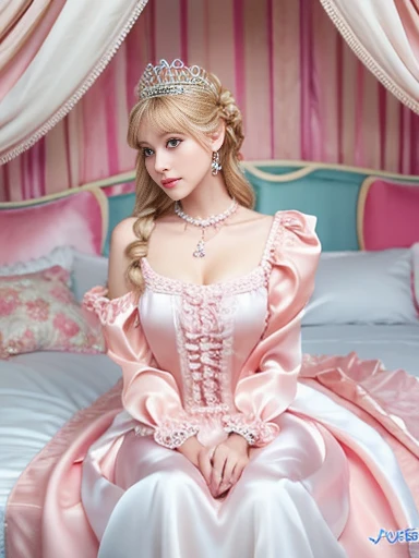 ,highest quality, masterpiece, Highest Resolution, artwork, super それにGet used to it, many Get used to it, Get used to it, それにGet used to it, 3K realistic photos,,((10 year old)),Super detailed baby face,The two woman are princesses,Full-length hot pink ball gown dress with hoop skirt,Frilled yoke collar,Puff sleeves,Long sleeve,((Lolita Style Detailed Princess Satin Dress、Lots of frills and ribbons。)),colorful rococo fashion,shiny satin dress,Soft and smooth fabric,luxury,Long blonde hair,blue eyes,White skin European,pajamas,((Inside the palace)),,,(( 25 year old)),Super detailed baby face,Full-length ball gown dress with hoop skirt,Long skirt,Frilled yoke collar,Puff sleeves,腰まで伸びるLong blonde hair,two braided ponytails blue eyes,White skin European,pajamas,((Inside the palace bedroom)),シルクサテンのluxuryなCanopy bedの上,Canopy bed,Gorgeous curtains on either side of the bed,There were a lot of frilly pillows on the bed.,Highly detailed background,Detailed bed,Romantic atmosphere, one princesses on the bed,((((Her legs are hidden inside the dress)))),The dress is spread out on the bed,Soft silk satin comforter in pastel colors,Pastel colored silk satin bed sheets,Soft silk satin ruffle pillow in pastel colors,Beautiful girl illustration,Beautiful detailed face Detailed hair,Detailed human eye ,Mouth details, Arm details,Beautiful Hands,Detailed pillow, big breasts, big dildo on bed, lasziver blick, große augen und lange wimpern