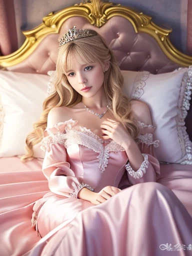 ,highest quality, masterpiece, highest resolution, artwork, super それにget used to it, many get used to it, get used to it, それにget used to it, 3K realistic photos,,(( When I was 10 years old)),Super detailed baby face,She is a princess,Full length ball gown dress with hoop skirt,ruffled yoke collar,puff sleeves,long sleeve,((Lolita style hot pink detailed princess satin dress、Comes with lots of frills and ribbons。)),colorful rococo fashion,shiny satin dress,Soft and smooth fabric,luxury,long blonde hair,blue eyes,white skin european,pajamas,((inside the palace)),,,(( When I was 10 years old)),Super detailed baby face,Full length ball gown dress with hoop skirt,long skirt,ruffled yoke collar,puff sleeves,腰まで伸びるlong blonde hair,blue eyes,white skin european,pajamas,((inside the palace bedroom)),ピンクのシルクサテンのluxuryなcanopy bedの上,canopy bed,Luxurious curtains on both sides of the bed,many frilly pillows on the bed,super detailed background,Detailed bed,romantic atmosphere,little princess is lying on the bed,hug a pink pillow,((((Both legs are hidden in the dress)))),the dress is spread out on the bed,soft pink silk satin comforter,soft silk satin ruffled pillow,Beautiful girl illustration,detailed beautiful face detailed hair,detailed human eye ,detailed mouth, arm details,detailed hands,Detailed pillow,