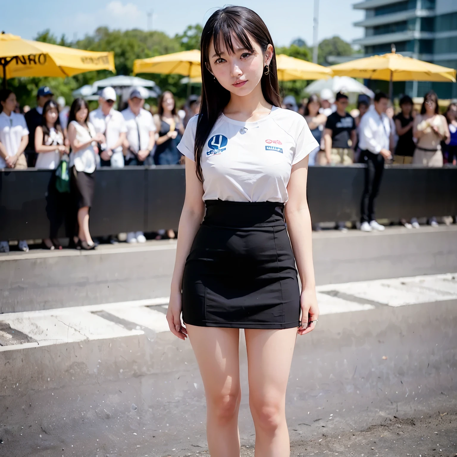 ((masterpiece)), ((best quality)), ((ultra-detailed)),((hyperrealistic)),(japanese cute girl),(shiny skin),1girl,black hair,long hair,(black big eyes,tareme,droopy eyes),(slenderbody,small breasts),15 years old,dynamic angle,(grid girl,pit girl,Paddock girl,race queen,miniskirt),