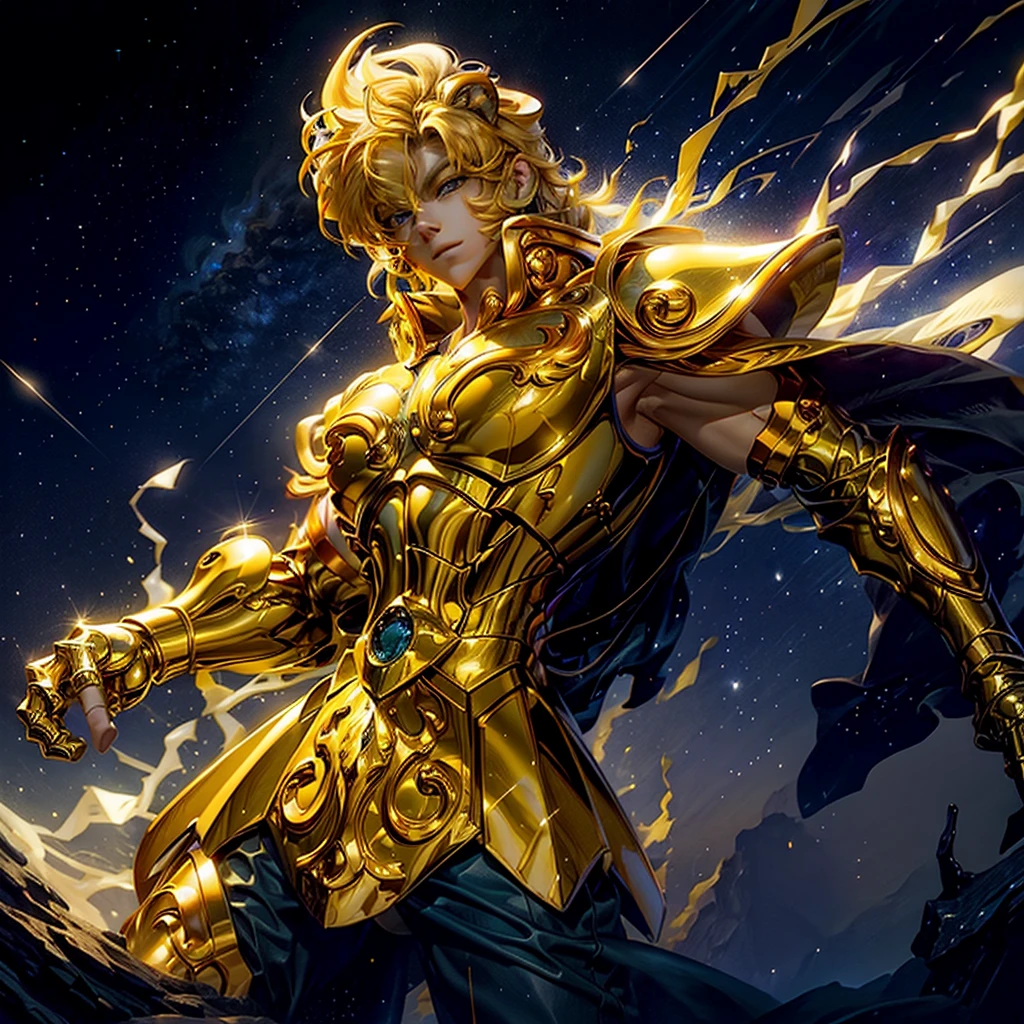(tmasterpiece,hoang lap,high qulity,best qualtiy,hyper-detailing,big breasts beautiful),Magical golden Leo: Anthropomorphic representation of the magical golden Leo.
Yellow-haired people: A man with bright yellow hair, Exudes a captivating aura.
Lion companion: Stand next to people, The majestic lion is covered with a charming star motif.
Mysterious starry sky background: Vibrant, colorful galactic background, Shimmering with magic.