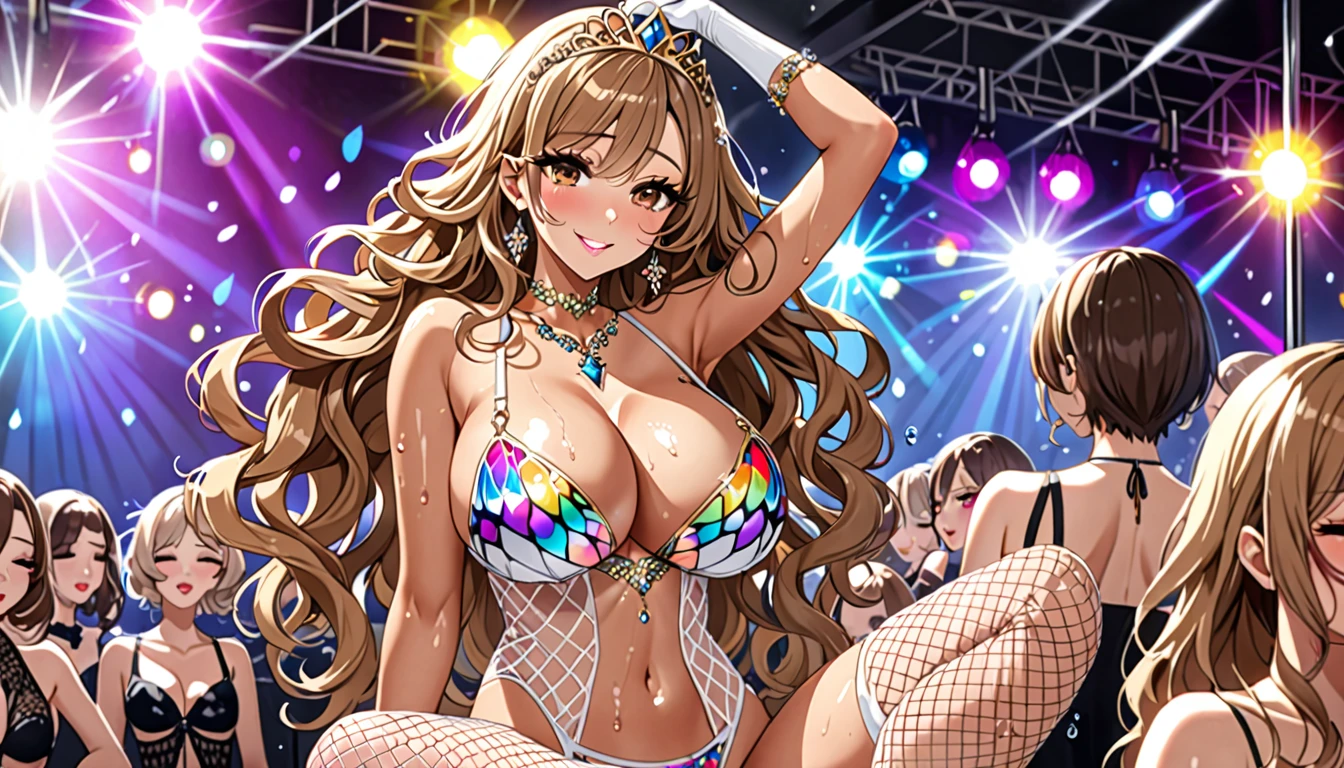 (Highest quality, Ultra-high resolution、The most complex and detailed depiction、masterpiece、8k, RAW Photos, Best image quality、Very detailedな顔、Attention to detail、Beautiful woman、Realistic、photo-Realistic、Very detailed, Beautiful attention to detail:1.5),(One adult woman:1.3)、(blush)、(Gal-style makeup、mascara 、eyeshadow、Dark eyeliner、Long and beautiful eyelashes、False eyelashes、double eyelid、heavy makeup、hostess、Brown eyes、:1.5),(A bra with a pale rainbow gradient butterfly pattern、Light rainbow gradient butterfly pattern panties:1.5)、Gorgeous jeweled necklace、Gold bracelet、A gorgeous gold tiara studded with jewels、Sheer white lace dress、Mesh fabric、White fishnet stockings,White opera gloves、(A seductive smile),(under boob、Huge breasts)、(Cleavage:1.2)、(((Light brown hair、Wavy Hair、Long Hair)))、elongated nose、Face with gills、(Very tanned and shiny skin、Perfect Style)、Saggy breasts、Large saggy breasts、((Sweat、Your body is wet))、((Dim Club、pole dance、audience))、(Mirror ball)、Sleepy face