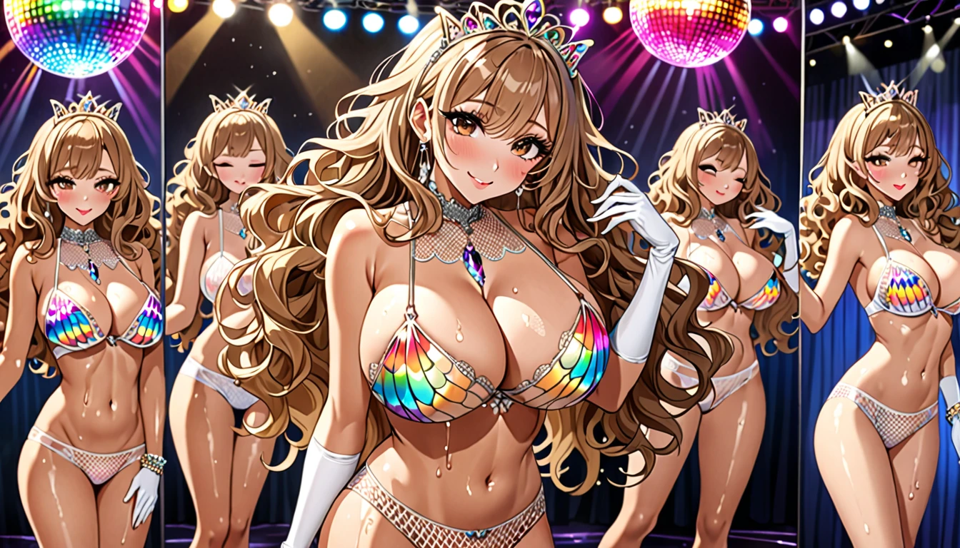 (Highest quality, Ultra-high resolution、The most complex and detailed depiction、masterpiece、8k, RAW Photos, Best image quality、Very detailedな顔、Attention to detail、Beautiful woman、Realistic、photo-Realistic、Very detailed, Beautiful attention to detail:1.5),(One adult woman:1.3)、(blush)、(Gal-style makeup、mascara 、eyeshadow、Dark eyeliner、Long and beautiful eyelashes、False eyelashes、double eyelid、heavy makeup、hostess、Brown eyes、:1.5),(A bra with a pale rainbow gradient erfly pattern、Light rainbow gradient butty pattern panties:rgeous jeweled necklace、Gold bracelet、A gorgeous gold tiara studded with jewels、Sheer white lace dress、Mesh fabric、White fishnet stockings,White opera gloves、(A seductive smile),(under boob、Huge breas(Cleavage:(Light broWavy Hair、Long Hair)))、elongated nose、Face with gills、(Very tanned and shiny skin、Perfect Style)、Saggy breasts、Large saggy breasts、((Sweabody is wet))、((Dim le dance、audience))、(Mirror ball)、Sleepy face