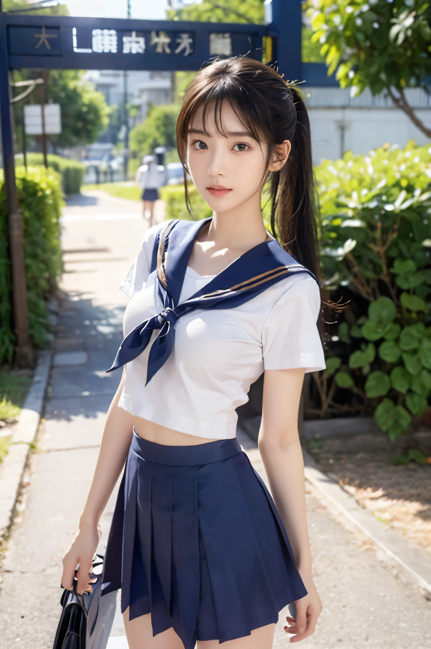 (Ultra HD), (Short-sleeved sailor uniform, Navy blue mini skirt), Big Breasts, slender, Narrow waist, (I can see my belly button:0.6), whole body, Standing posture, (Beautiful Skin, Shiny skin, White skin), (Super slim face, Super beautiful face), (ponytail, Layered Cut, Fluffy hair), (double eyelid, Slanted Eyes), Small Nose, Thin lips, Thin legs, In front of the school gate, evening
