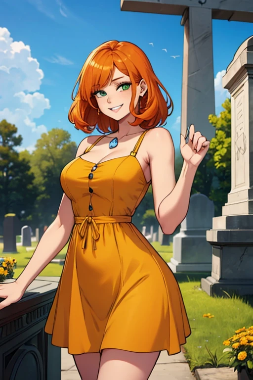 Perfect face. Perfect hands. An orange haired woman with green eyes and an hourglass figure in a cute yellow dress is smiling in a cemetery