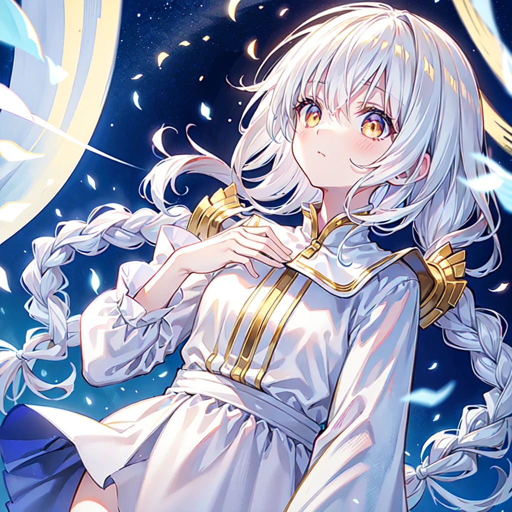Best Quality, masutepiece,White hair, Gold eyes,White clothes, Looking Up, Upper body,Strands of hair,Fair skin,side braids