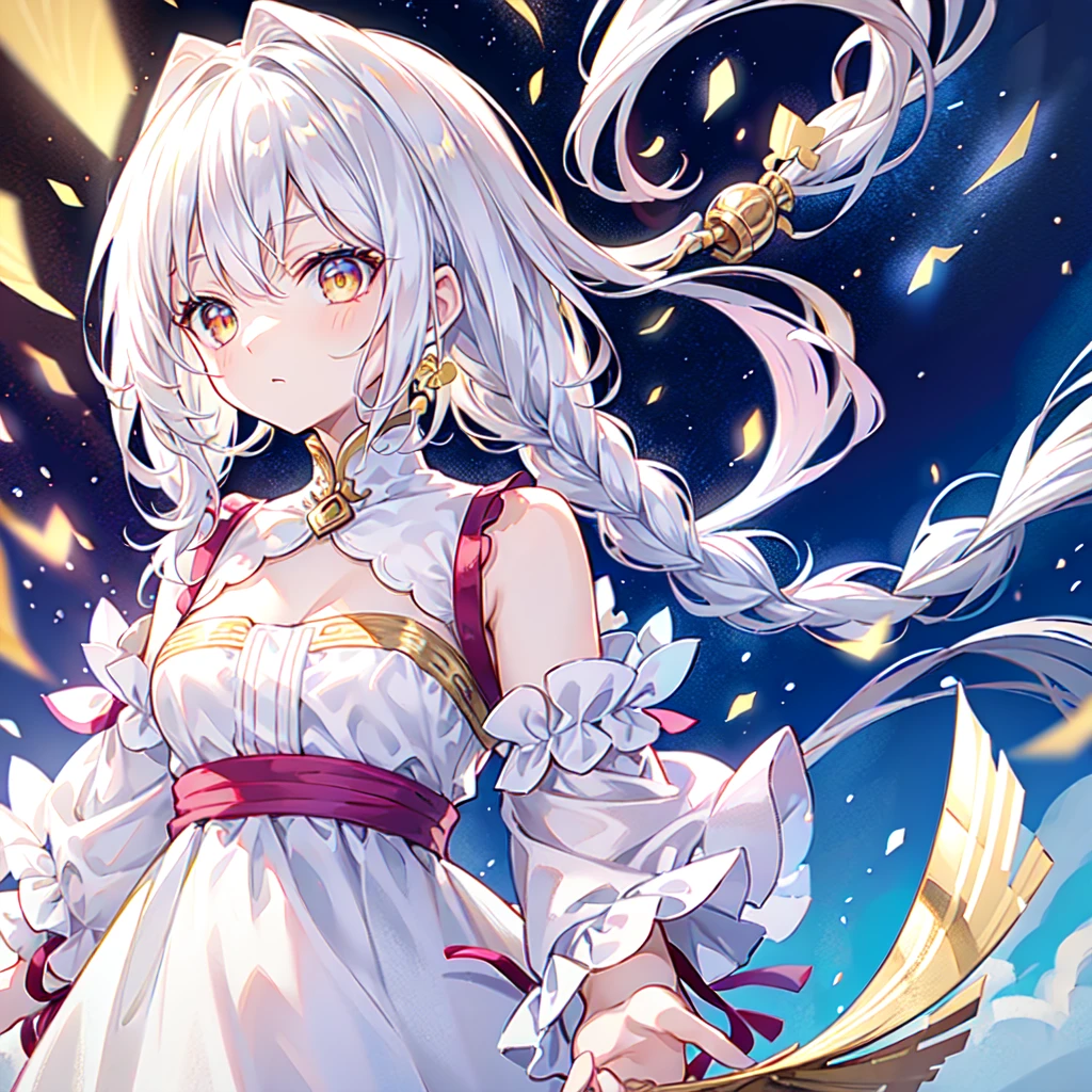 Best Quality, masutepiece,White hair, Gold eyes,White clothes, Looking Up, Upper body,Strands of hair,Fair skin,side braids