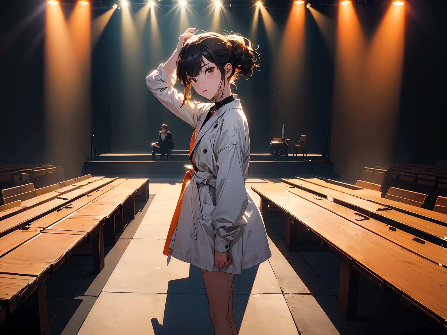8k、masterpiece, Highest quality, Ultra-high resolution, Highest Resolution, Professional Lighting, Orange lighting、(((Anime-style depiction)))、Backlight、(((Dark Stage)))、(((Performing)))、(((Spotlight)))、Antique lighting、indoor、Dim lighting、Fantastic space、Nobody is here