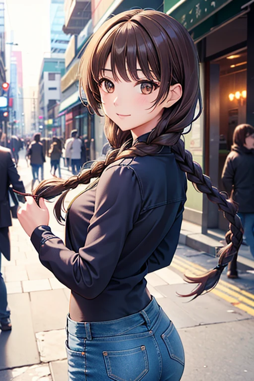 Yuno Shimazu、Shiny brown hair,Long Hair,  、((2 braids:1.5、Hair that falls over the shoulders)),Beautiful brown eyes、Sparkling eyes, Fine grain、smile、Super detailedな目、Highly detailed face, Highly detailed eyes,Cowboy Shot、


((masterpiece, Highest quality, High resolution, 超High resolution, Pixel perfect, Depth of written boundary, 4K, RTTX 10.0, High resolution))),
1 person, Absurd, Denim pants, Beautiful ass, Backlight, Sharp focus, Depth of written boundary, Perfect body, Perfect Anatomy, Sharpness, Absurd, employment, Super detailed, Sharp focus,  Depth of written boundary, Perfect body, Perfect Anatomy, Shibuya Street, Dancing, Motion Blur, Looking at the audience,