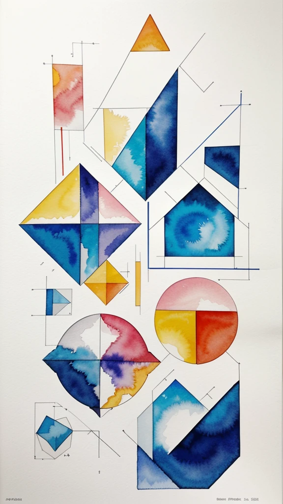 geometric abstraction: This style creates visually striking and structured watercolor compositions、using geometric shapes and patterns、.。.