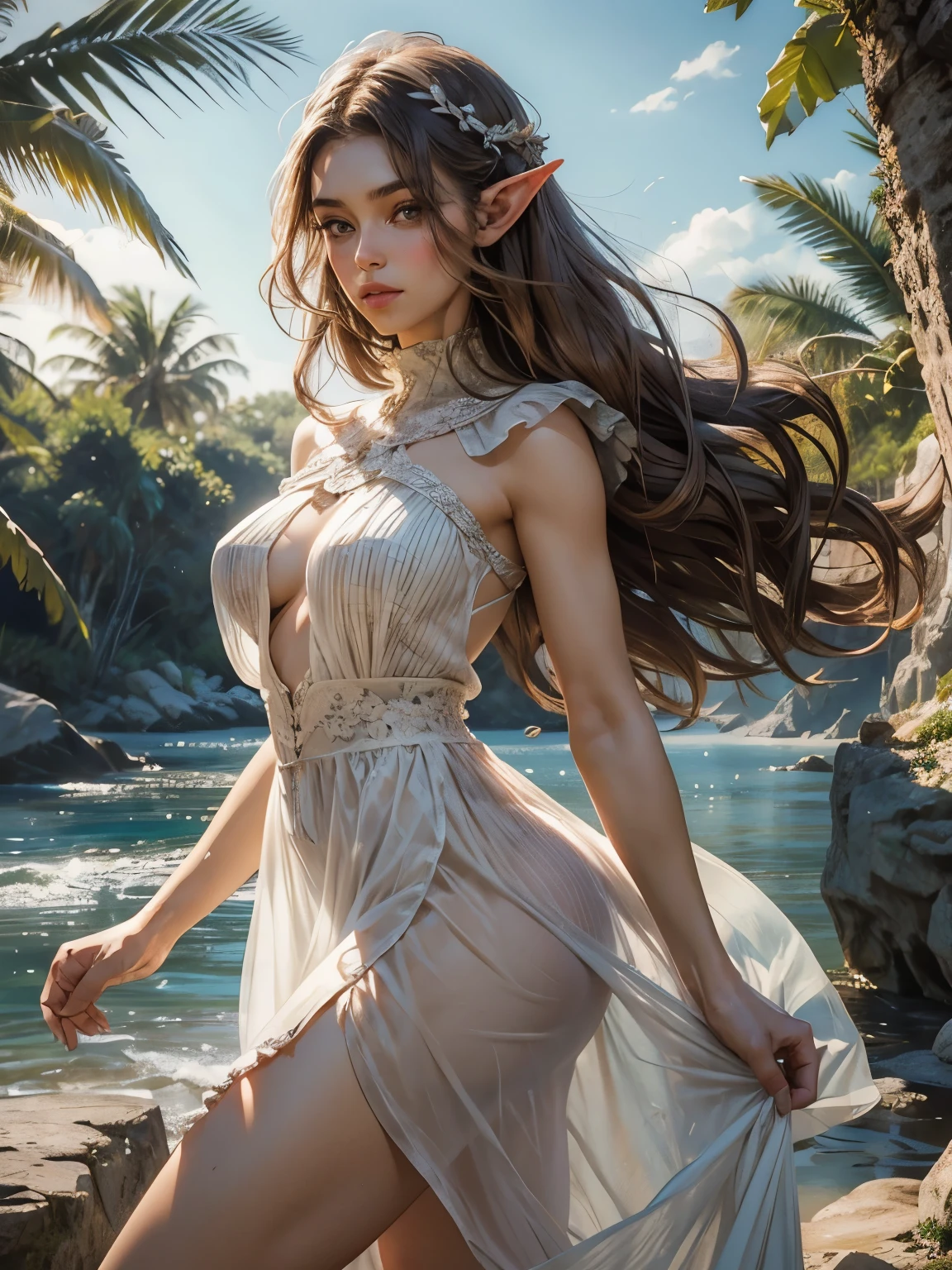 ((Medieval fantasy setting)). Tags: super detail, high details, high quality, best quality, highres, 4K, detailed face, face fix, detailed hands, detailed fingers, portret, 1girl "Echo is a 22-year-old half-elf. She has light brown skin. Thick light chestnut hair with caramel highlights and soft waves. Brown eyes with green hues. Her beautiful face is oval with soft features and pronounced cheekbones. She has full and attractive lips with a natural blush. A slight scar over her right eyebrow. Her ears are small like a human's but pointed like an elf's. Her physique is athletic and slim, she toned and flexible. She has a round and elastic body shapes."
Clothing. Style: Short sundress with a loose cut that barely reaches the middle of the thighs. The upper part is strapless, with a wide stripe that emphasizes the chest. The skirt flutters in the wind, creating an effect of lightness and freedom.
Color: White or pale blue.
Details: The dress is completely transparent, with a sewn-in lining in the chest area. At the bottom of the sundress is a decorative lace edge, which gives it tenderness and femininity.
Background: Rest in nature. A walk along an exotic fantasy-medieval beach.
Tags: (See-Through Nipples, Visible Nipples, Nipple Outline, covered nipples, Hard Nipples), (See-Through Camel Toe, covered pussy), (See-Through Ass, Ass Outline), (Butt Crack)