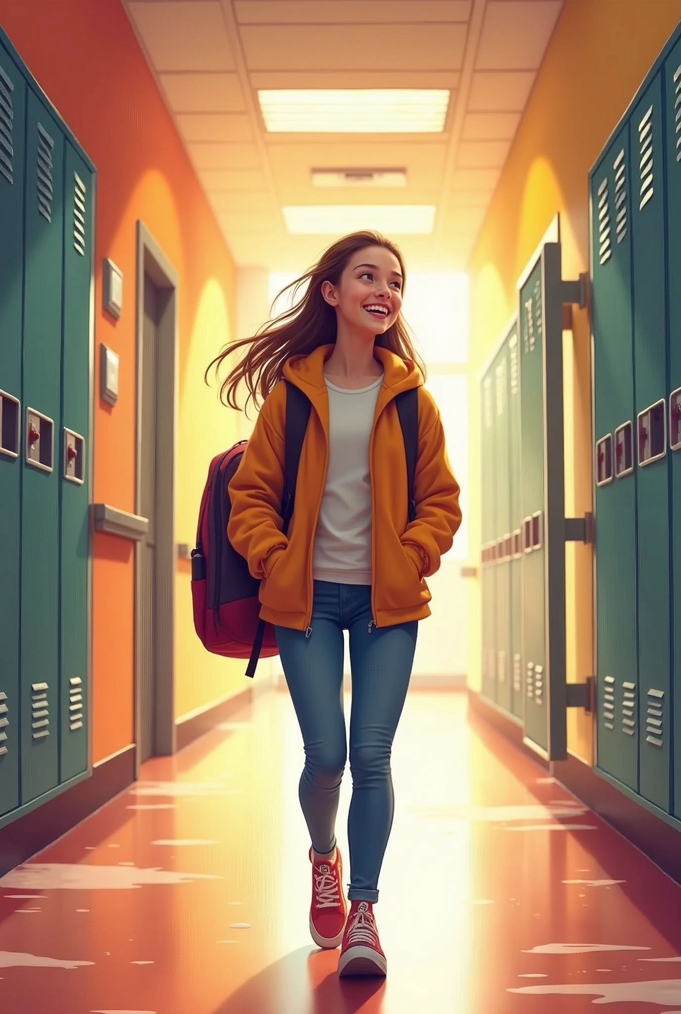 Create an image of a single student excitedly returning to school. The student must be carrying exactly one backpack and walking through the school hallway, with hands in pockets (ensuring hands are not visible). The hallway should be vibrant and colorful, with lockers and classroom doors visible in the background. The student should be smiling and looking forward with anticipation. EasyNegative, (worst quality, low quality:1.4), (((deformed))), distortions in the hands, face, and other parts, more than 1 character, more than 1 backpack, hands visible