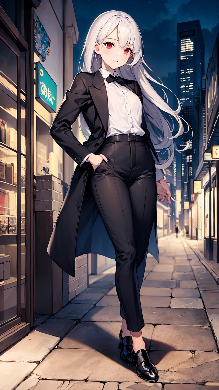 (masterpiece, top quality, best quality, official art:1.2), anime, 1 girl, full body, silver hair, red eyes, long hair, small breasts, men formal wear, long black jacket, white shirt, long black pants, black socks, black shoes, modern cityscape, night, smile, masterpiece, 8k, high quality, detailed art