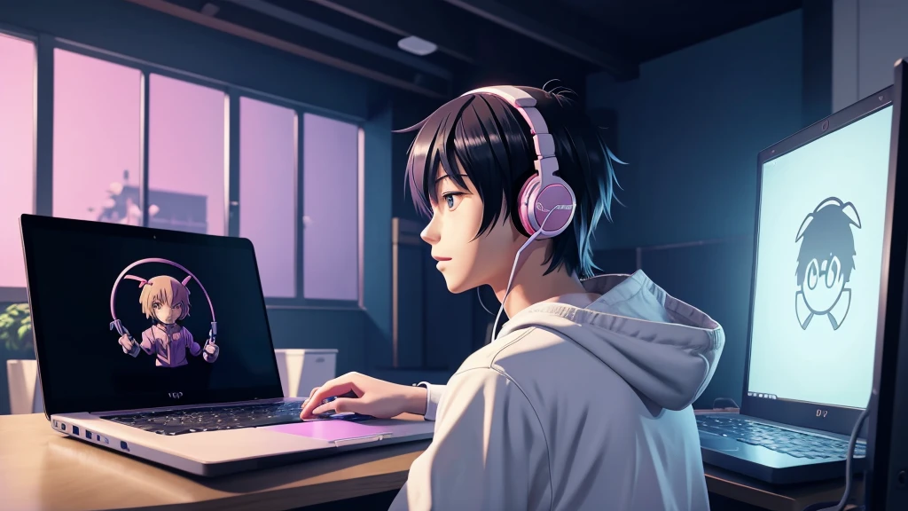 anime boy with headphones on using a laptop in a room, lofi artstyle, anime style 4 k, 4k anime wallpaper, anime art wallpaper 4k, anime art wallpaper 4 k, nightcore, anime vibes, anime wallpaper 4 k, lofi art, anime wallpaper 4k, anime art wallpaper 8 k, lofi portrait, digital anime illustration