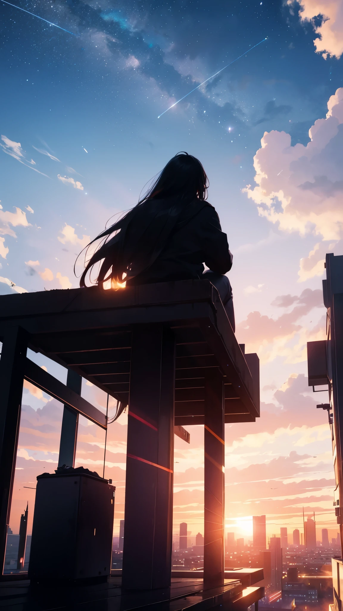 Sunset sky,Starry Sky,universe,Octane, zero, star (zero), scenery, starry zero, night, night zero, Outdoor, building, cloud, milky way, Sitting, wood, Long Hair, city, silhouette, cityscape