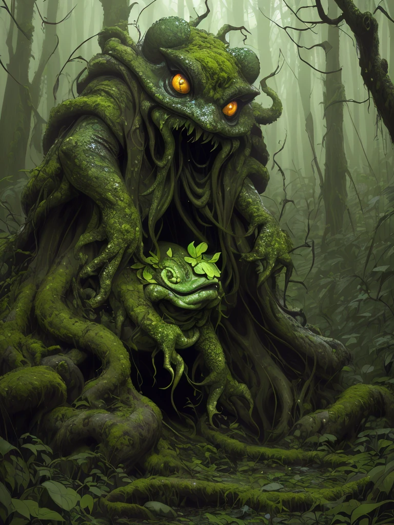 (best quality,highres:1.2),(realistic:1.37),ultra-detailed,a creepy toad,enormous in size,brightly colored,stalks through an ancient forest,tentacle tongue,thick and slimy skin,dark,ominous atmosphere,gloomy shadows,misty fog,gnarled trees,twisted branches,moss-covered rocks,dappled sunlight,unearthly glow,spooky ambiance,dense undergrowth,crunching leaves underfoot,haunting presence,unsettling silence,distant whispers,Cthulhu-like creature,mythical world,mysterious aura, Villainess