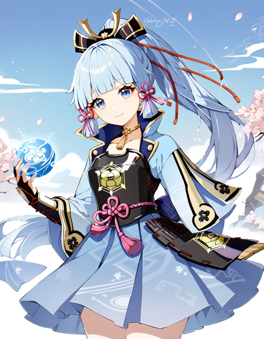 Ayaka Kamisato(genshin impact, adult women, light blue hair, ponytail, light blue eyes, light blue kimono, navy blue skirt, black breastplate, light smile)