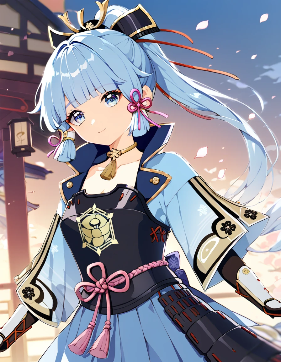 Ayaka Kamisato(genshin impact, adult women, light blue hair, ponytail, light blue eyes, light blue kimono, navy blue skirt, black breastplate, light smile)