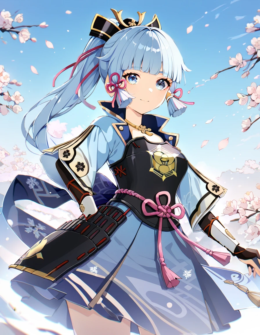 Ayaka Kamisato(genshin impact, adult women, light blue hair, ponytail, light blue eyes, light blue kimono, navy blue skirt, black breastplate, light smile)