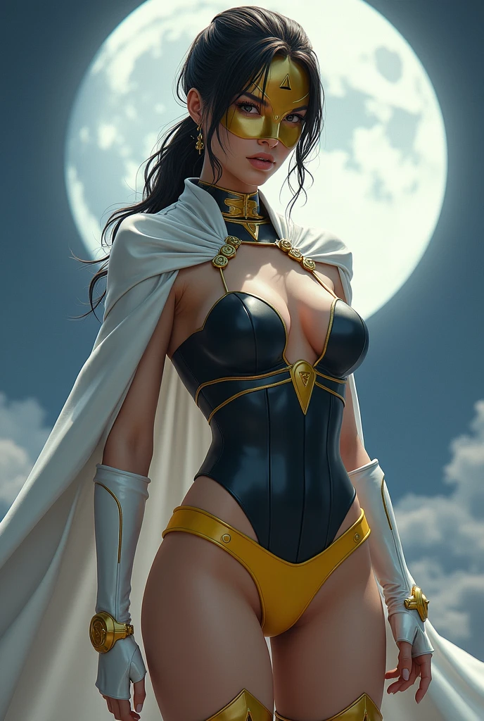 Female, age 25-30, japanese, dark hair, low ponytail, muscle, curvy, full body shot, costume: golden domino mask, gold choker, white cape, sleeveless white suit with navy sides, up side down yellow triangle symbol, belly cutout, yellow undies, thighs out, white thigh-high socks, yellow boots, yellow fingerless gloves, white shooter sleeves, metal accents, moon background
