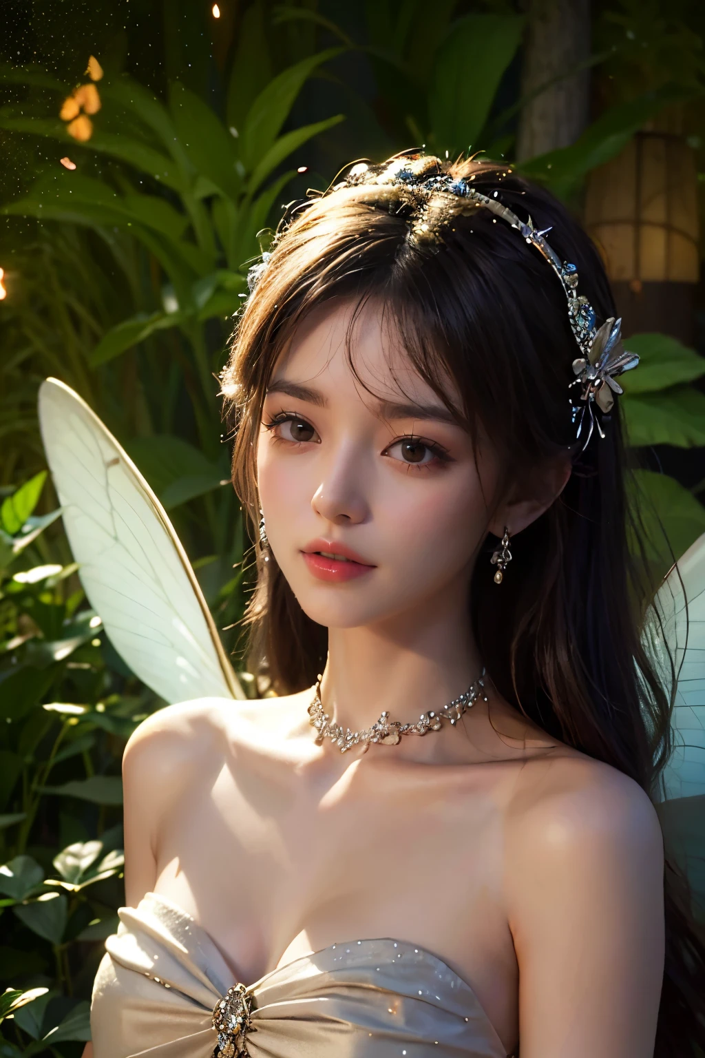 Beautiful fairy, surrounded by fireflies, ethereal and dreamy atmosphere