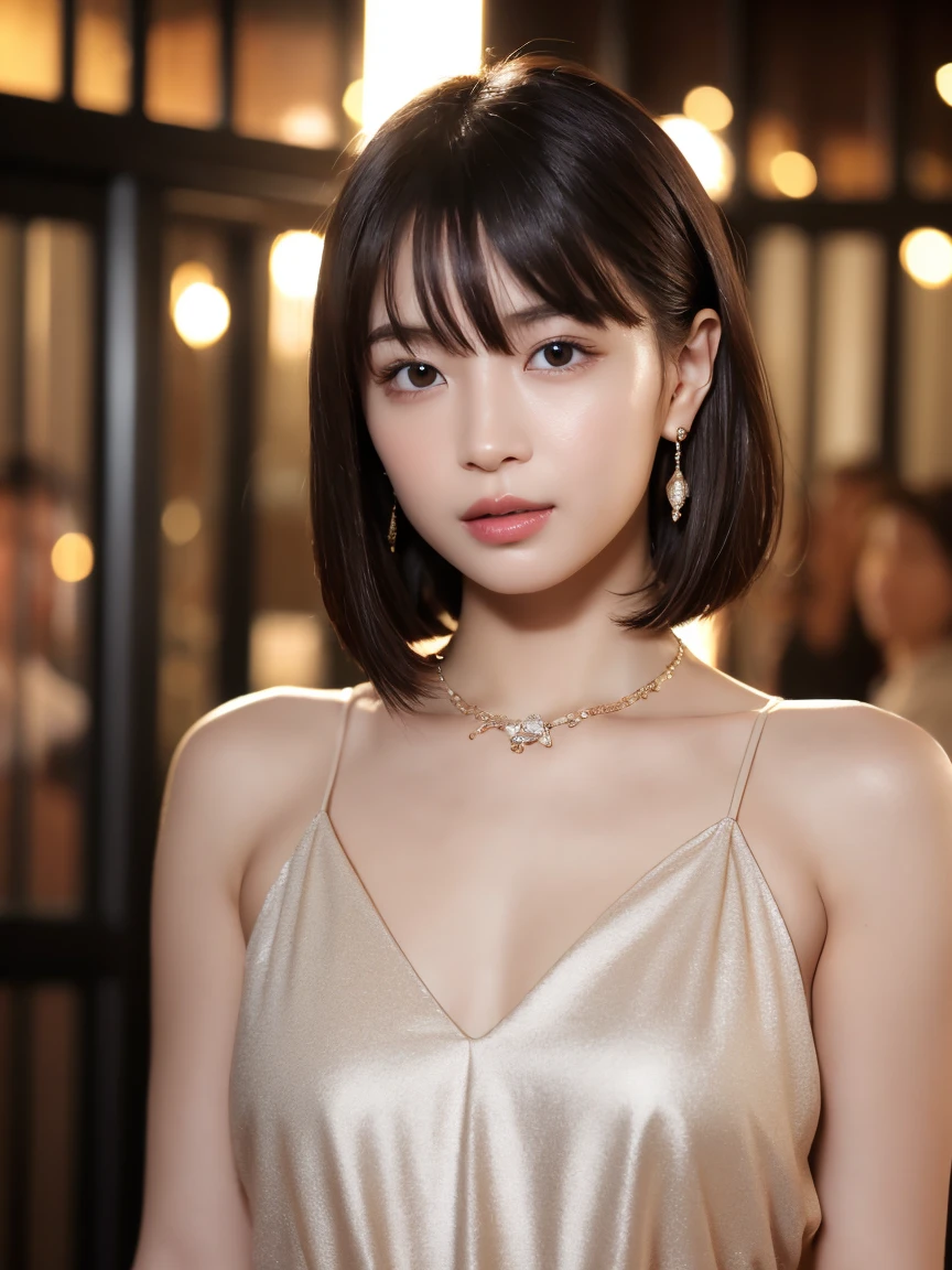 masterpiece:1.2, Very detailed, Ultra-high resolution, Realistic, photo Realistic:1.6, High-resolution RAW color photos, Professional photos, Sharp focus:1.2, Very detailed顔と肌の質感, Very beautiful eyes, Glossのある肌, Glowing Skin, Glowing Skin, Shining Face, Gloss, Oily skin, greasy face, Oily skin, greasy face,, real Glossのある肌 texture, Perfect Anatomy, Very detailed背景,(Luxury resort at night),1 female,25-year-old woman, Japanese women,height: 168cm,short hair, Straight hair, bangs, Brown Hair,Flat Chest:1.6,Slender legs, ,Luxury earrings、Super high-end necklace