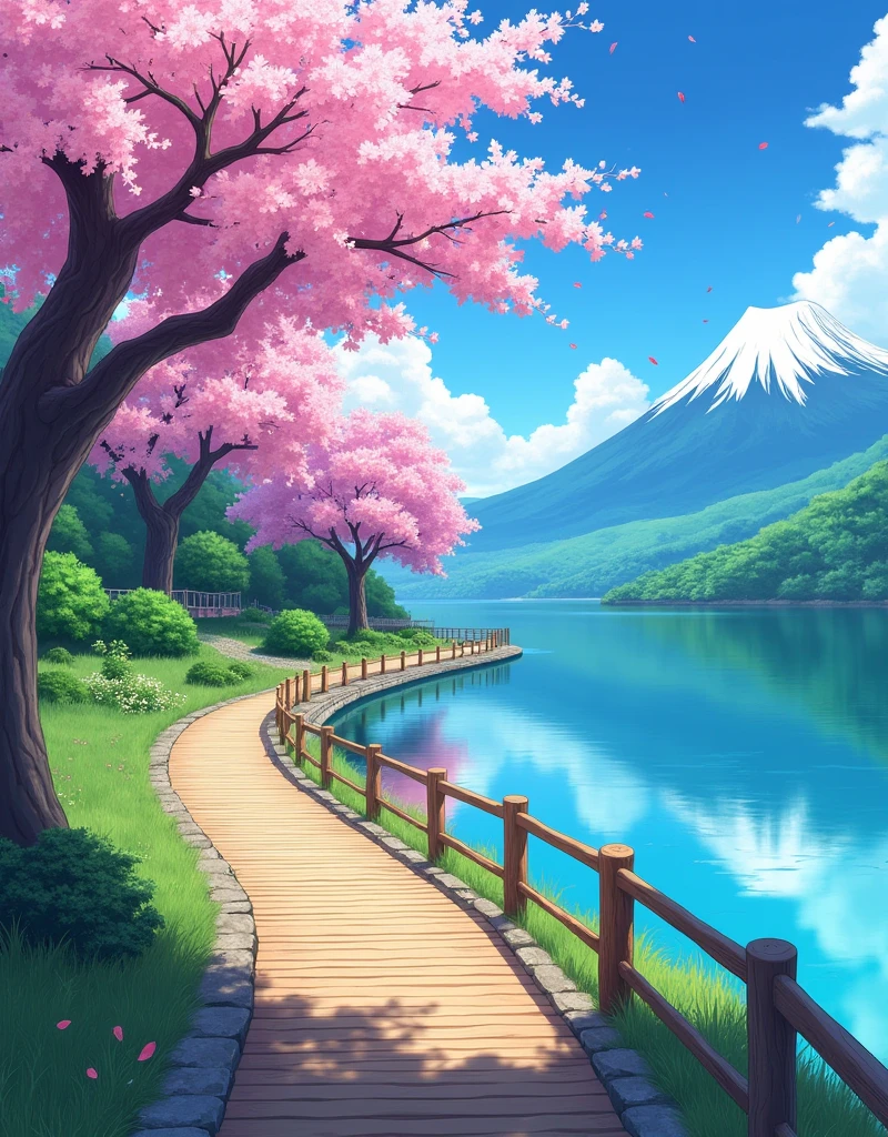 Vibrant, anime style landscape illustration featuring a serene lakeside path. The layout includes a wooden walkway bordered by a wooden fence on the right, leading into the distance. On the left, a large tree with pink cherry blossoms extends its branches over the path, with petals gently falling. The lake on the right reflects the clear blue sky and surrounding greenery. In the background, there are lush green hills and a towering mountain with a snow-capped peak. The overall color palette is bright and vivid, with rich greens, blues, and pinks. The image exudes a peaceful and idyllic atmosphere. ((Anime style)), ((Anime style wallpaper)), 4k, High quality, UHD, ultra high quality.