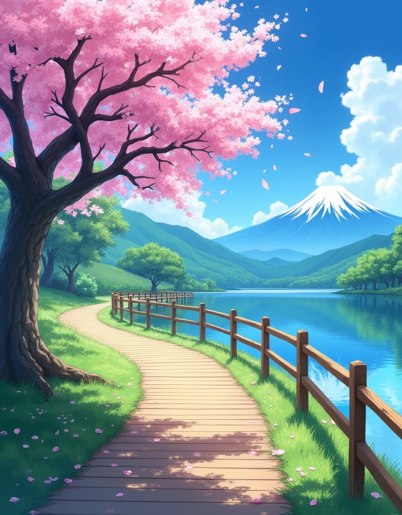 Vibrant, anime style landscape illustration featuring a serene lakeside path. The layout includes a wooden walkway bordered by a wooden fence on the right, leading into the distance. On the left, a large tree with pink cherry blossoms extends its branches over the path, with petals gently falling. The lake on the right reflects the clear blue sky and surrounding greenery. In the background, there are lush green hills and a towering mountain with a snow-capped peak. The overall color palette is bright and vivid, with rich greens, blues, and pinks. The image exudes a peaceful and idyllic atmosphere. ((Anime style)), ((Anime style wallpaper)), 4k, High quality, UHD, ultra high quality.