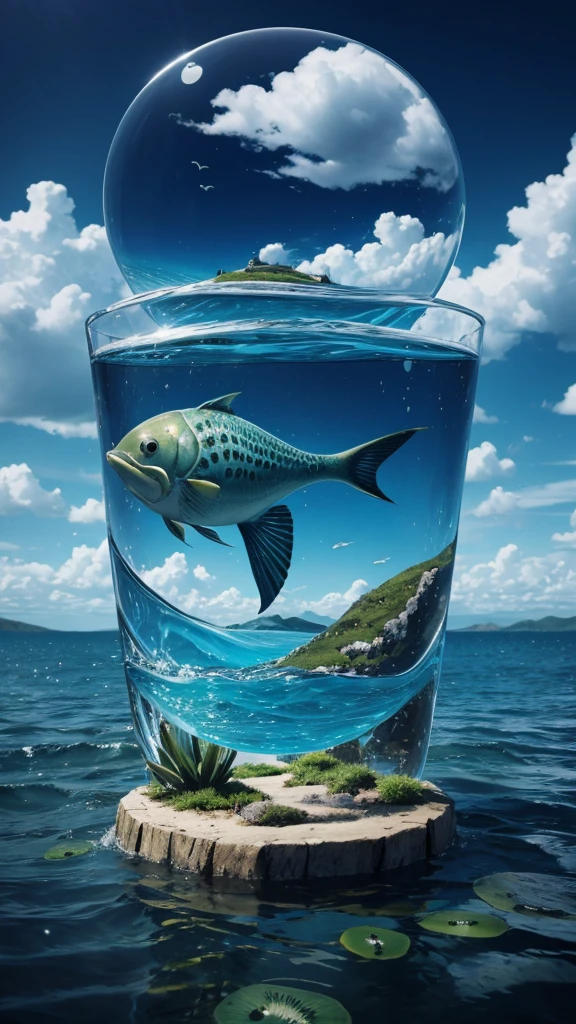 Surrealism,detailed water and fish,
hollow kiwi shape,with wonderland and mysterious sky in the background.
8k texture,reflective light,