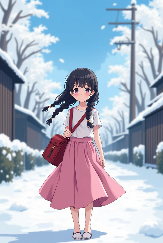 young, Highest quality, masterpiece, Ultra-high resolution, 8k, Pink Skirt, Anime Style Little , single, Ultra-fine line art, Digital Enhancement, Anime Core, Flowing fabric, , close, ((Braided hair that reaches the shoulders)), Staring at us from the front, Soft Drawing, Beautiful black hair, (((Anime style)), Clear Eyes, Shy, smile, Red School Bag, High five, Ultra High Definition Digital Anime Art, Clear facial depiction, Ultra detailed anime character art, Ultra-detailed manga style, Highest qualityの色, hand, Leg lift angle, Snow Scene, Japanese countryside, I can see her white panties