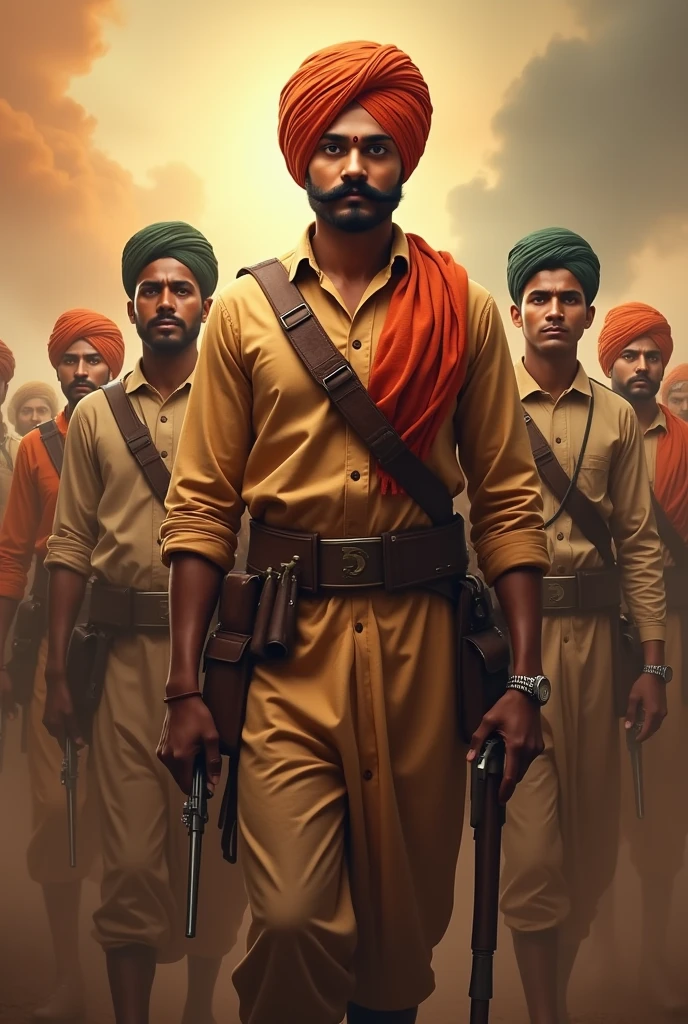 Make a photo of  freedom fighters standing in frame like bhagat Singh with mousche on face with Chandra Shekhar Azad hanging a gun in his hand 
