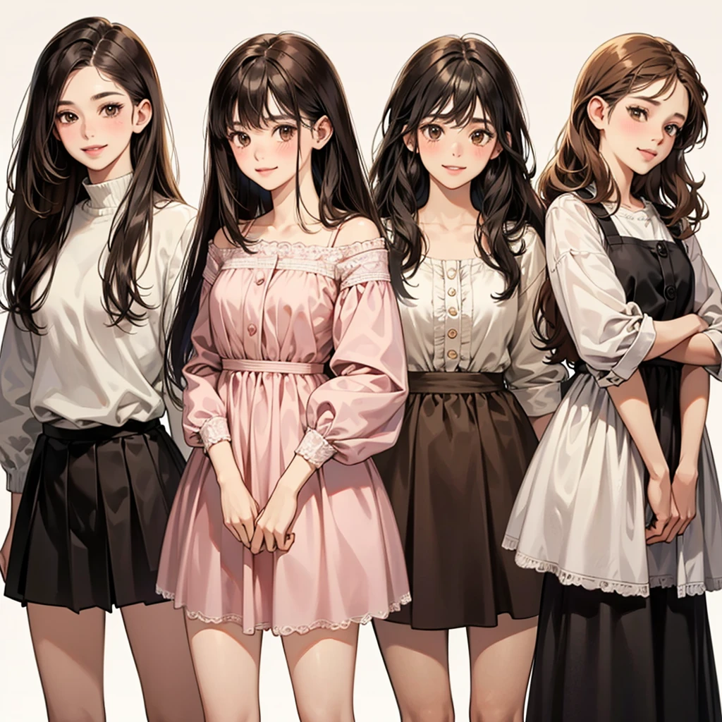 Four girls, black hair, long hair, shill, bob, smile, Light blush on the cheeks, brown eyes, simple background, high resolution, brown hair, stand in a line.
