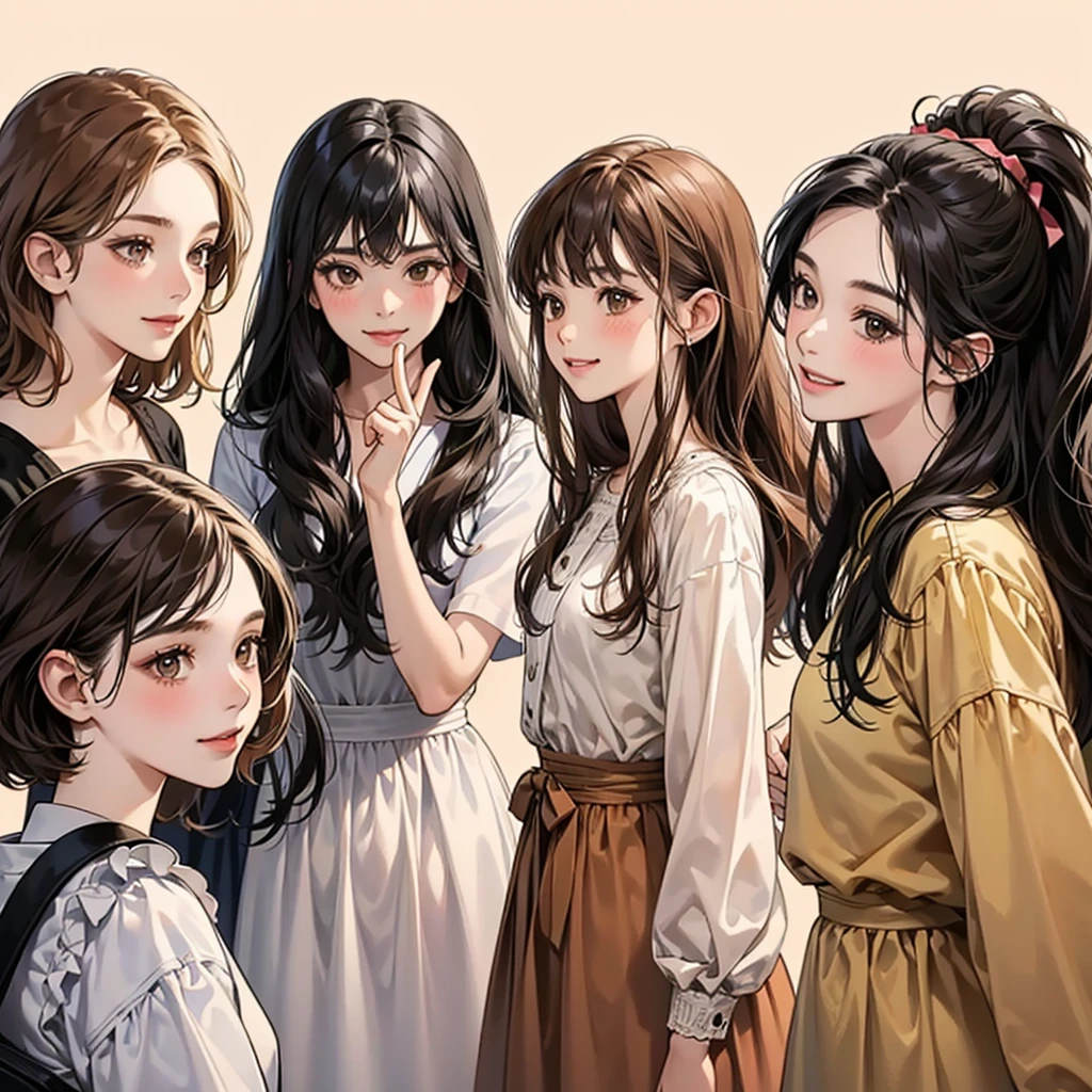 Four girls, black hair, long hair, shill, bob, smile, Light blush on the cheeks, brown eyes, simple background, high resolution, brown hair, stand in a line.