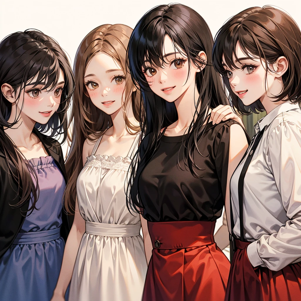 Four girls, black hair, long hair, shill, bob, smile, Light blush on the cheeks, brown eyes, simple background, high resolution, brown hair, stand in a line.