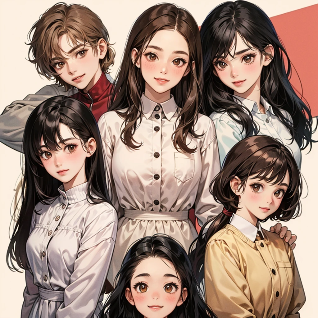 Four girls, black hair, long hair, shill, bob, smile, Light blush on the cheeks, brown eyes, simple background, high resolution, brown hair, stand in a line.