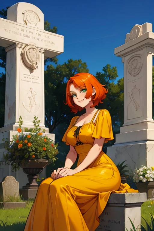 perfect face. Perfect hands. An orange haired woman with green eyes and an hourglass figure wearing a yellow lolita dress is drinking tea in the cemetery with a nervous smile