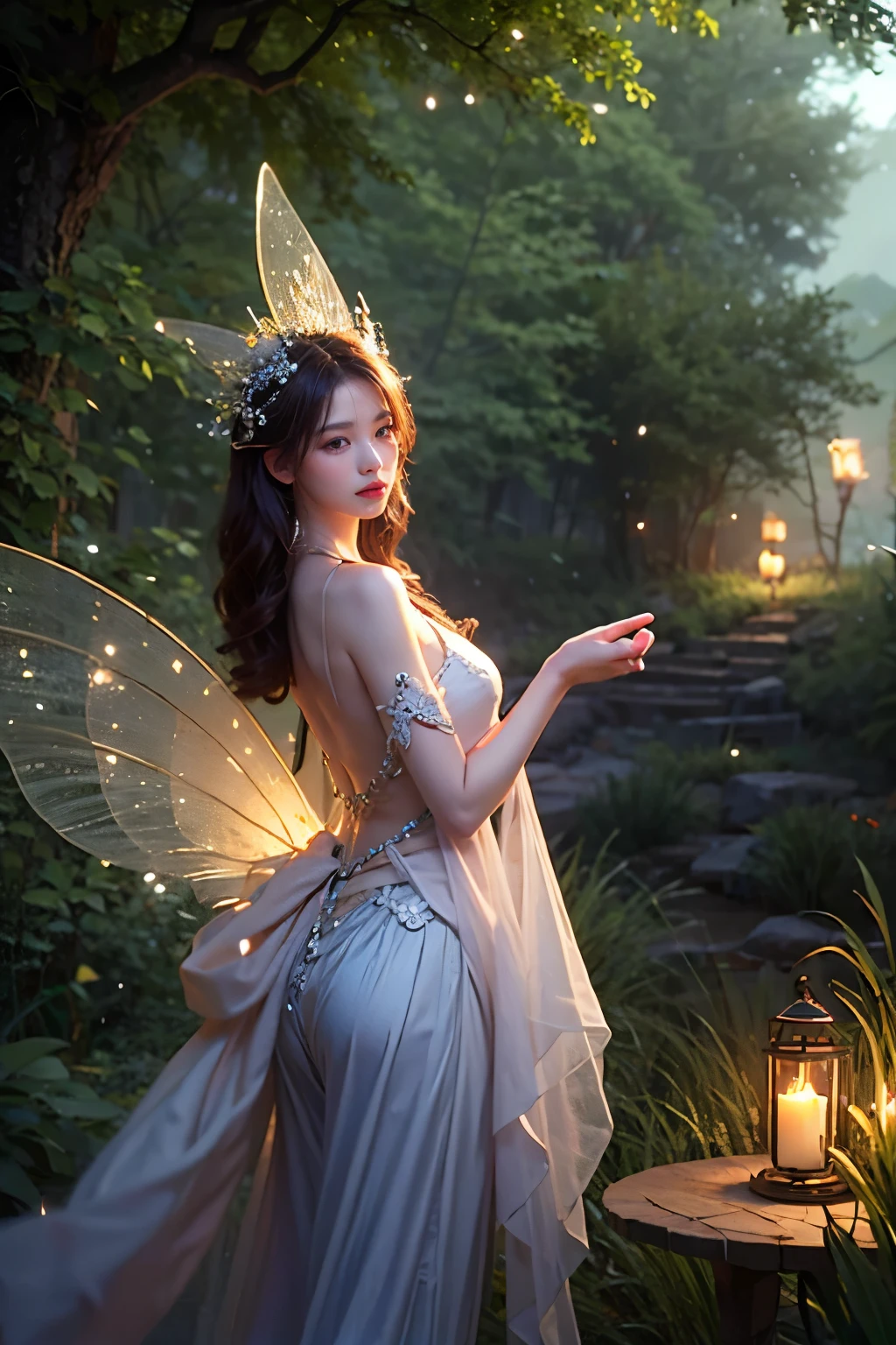 Beautiful fairy, surrounded by fireflies, ethereal and dreamy atmosphere