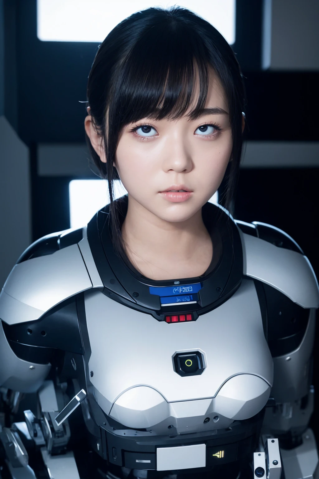 masterpiece, best quality, extremely detailed, Japaese android girl,portrait,Plump,a bit chubby,control panels,android,Droid,Mechanical Hand, Robot arms and legs, Black hair,Blunt bangs,perfect robot girl,long tube,thick cable connected her neck,android,robot,humanoid,cyborg,japanese cyborg girl ,robot-assembly plant,She is assembling now,assembly scene,rolling eyes,chest monitor