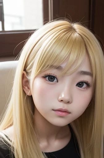Create a photo of a korean Asian teenager,beautiful girl, ((blonde hair)),10yo,narrow eyes:1.5,slimface,