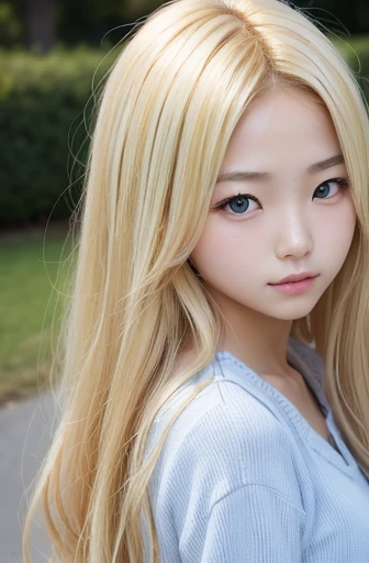 Create a photo of a korean Asian teenager,beautiful girl, ((blonde hair)),10yo,narrow eyes:1.5,slimface,
