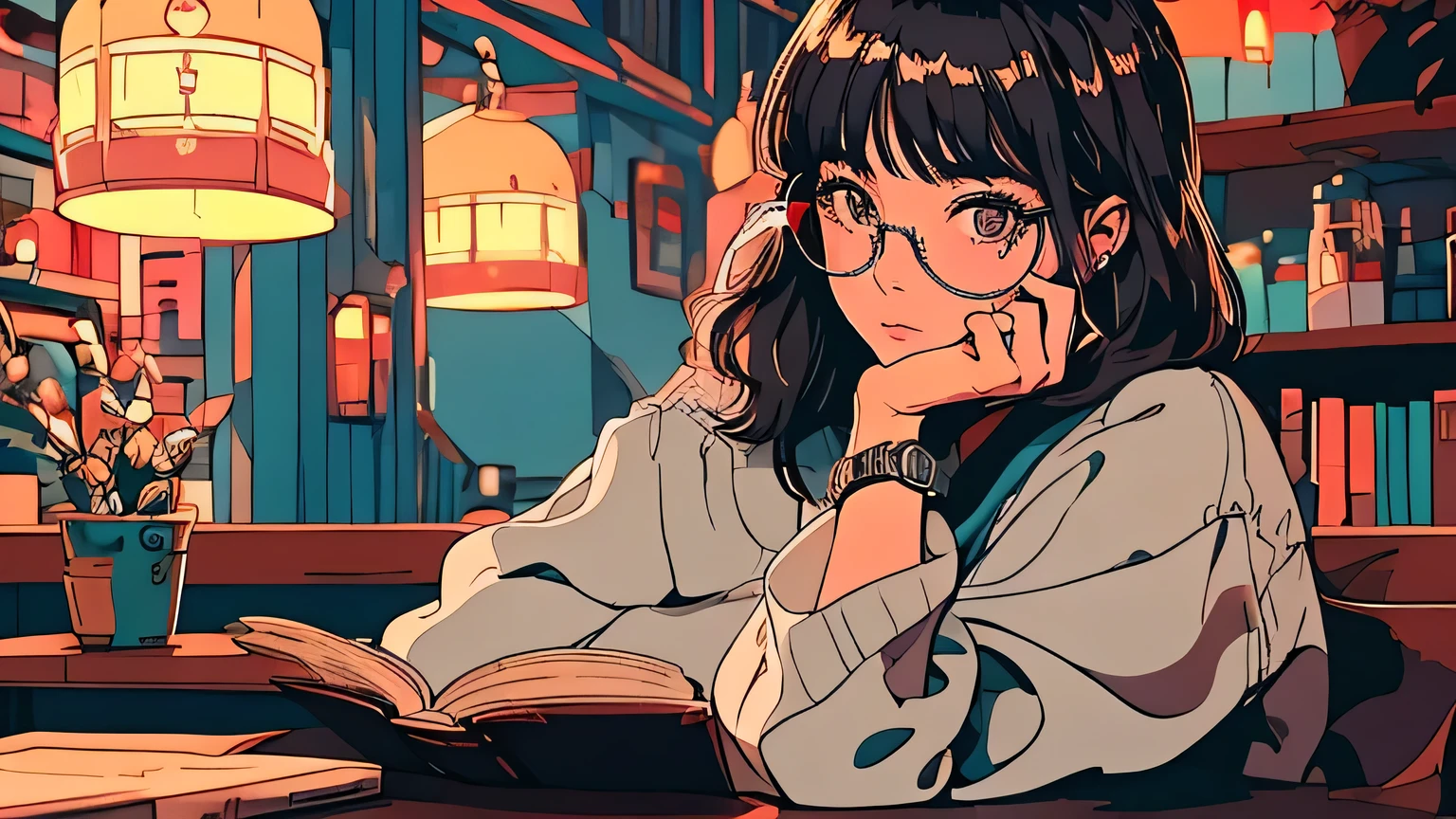 1 woman, attractive, beautiful, detailed face, relaxed face expression, detailed hair, grey color hair, wearing boxy white shirt, glasses, reading book at night in library, looking at book, lit by dim lamp, all muted tones
