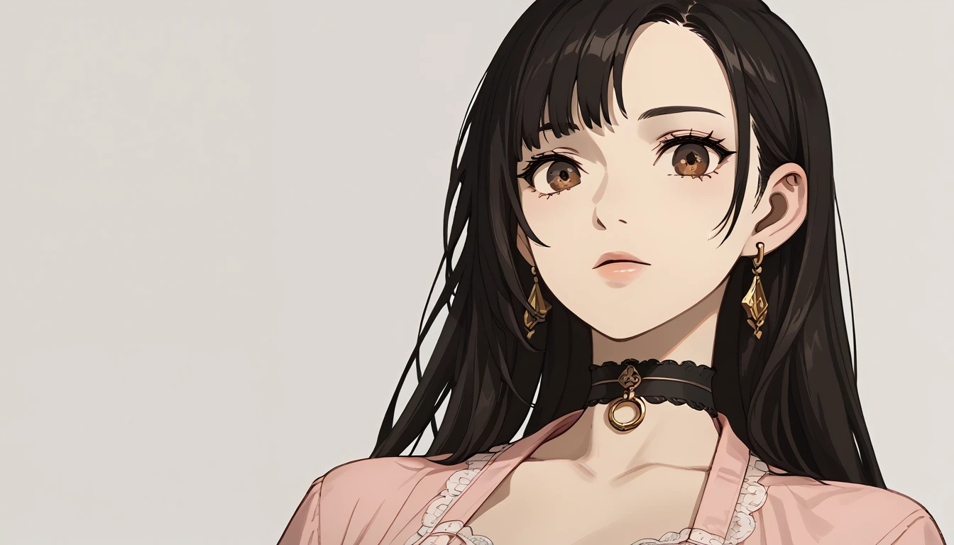 "(best qualityer, Masterpiece artwork:1.2) | eye detailed:1.2 1 woman (dinamic angle, point of view, long hair) choker, chemise, open sweatshirt, earrings in ear, finely detailled, Masterpiece artwork."